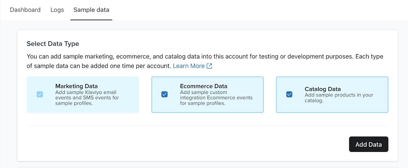 Klaviyo's sample data generator tool