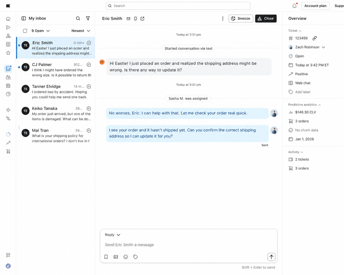A customer support dashboard displaying an email inbox, a chat conversation, and a sidebar with ticket and customer details.