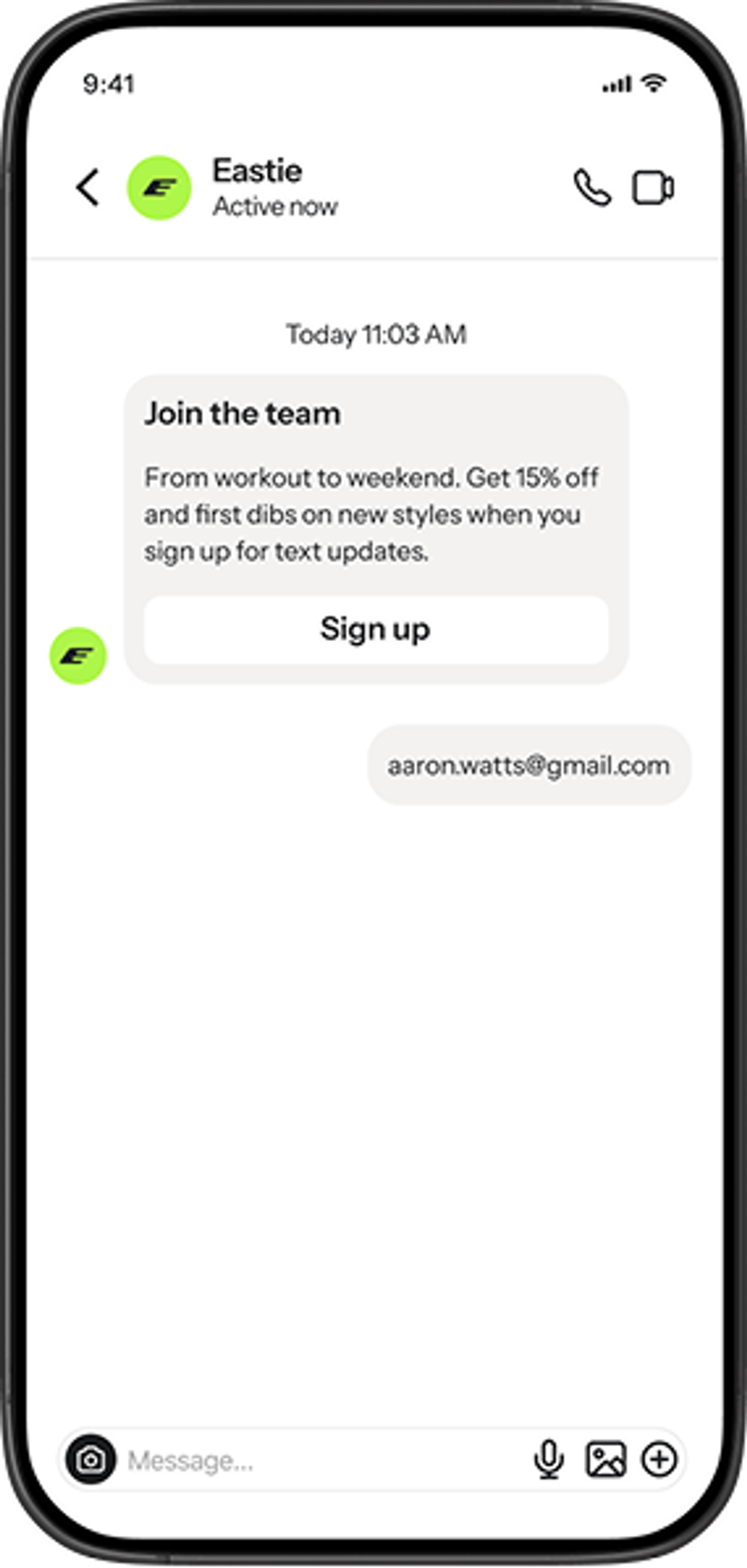 A phone screen displays a text message from "Eastie" promoting 15% off for text updates, and a user response "aaron.watts@gmail.com".