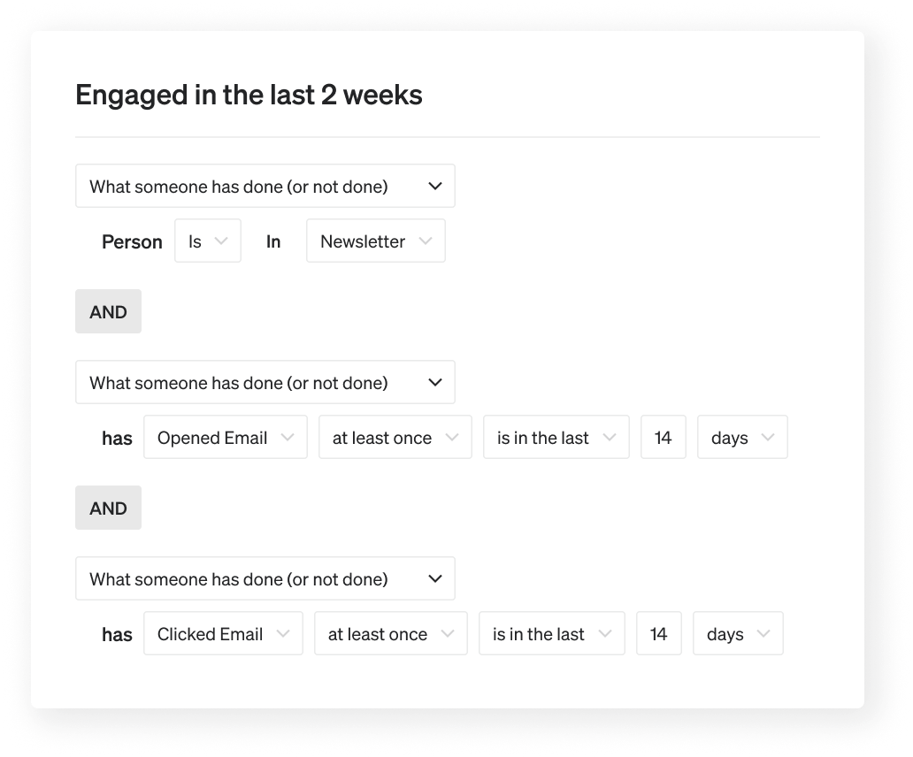 segment with the following conditions: person is in newletter, and has opened email at least once in the last 4 days, and has clicked email in the last 14 days.