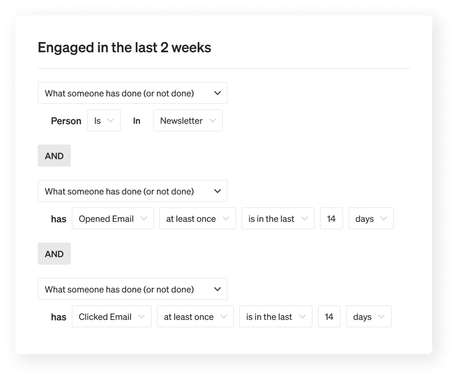 segment with the following conditions: person is in newletter, and has opened email at least once in the last 4 days, and has clicked email in the last 14 days.