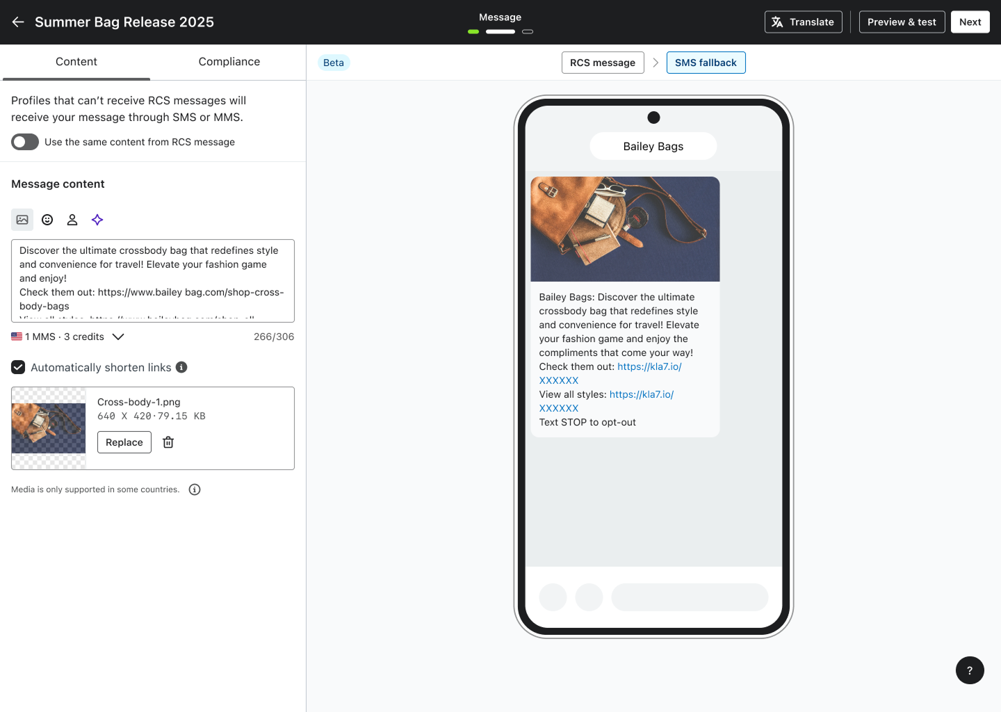 Klaviyo platform set up of the SMS fallback message when building an RCS message