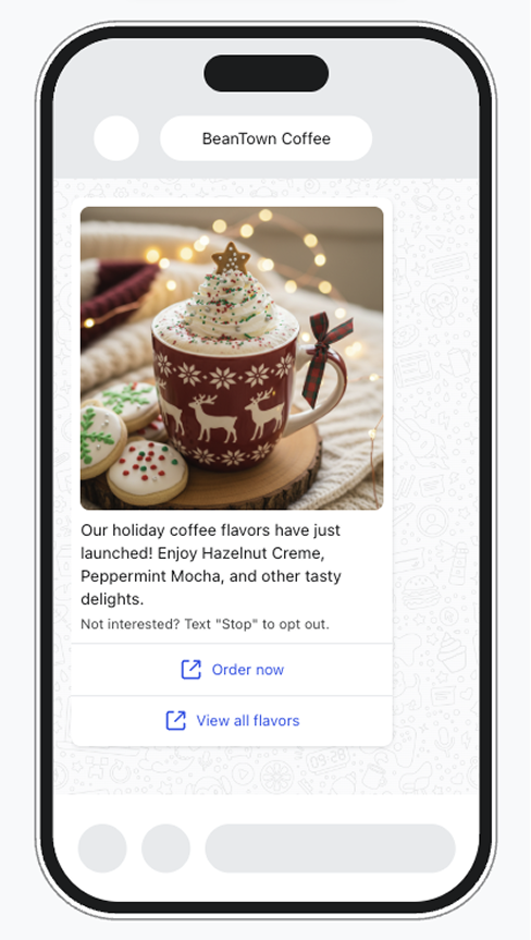 WhatsApp message promoting Beantown holiday coffee flavors