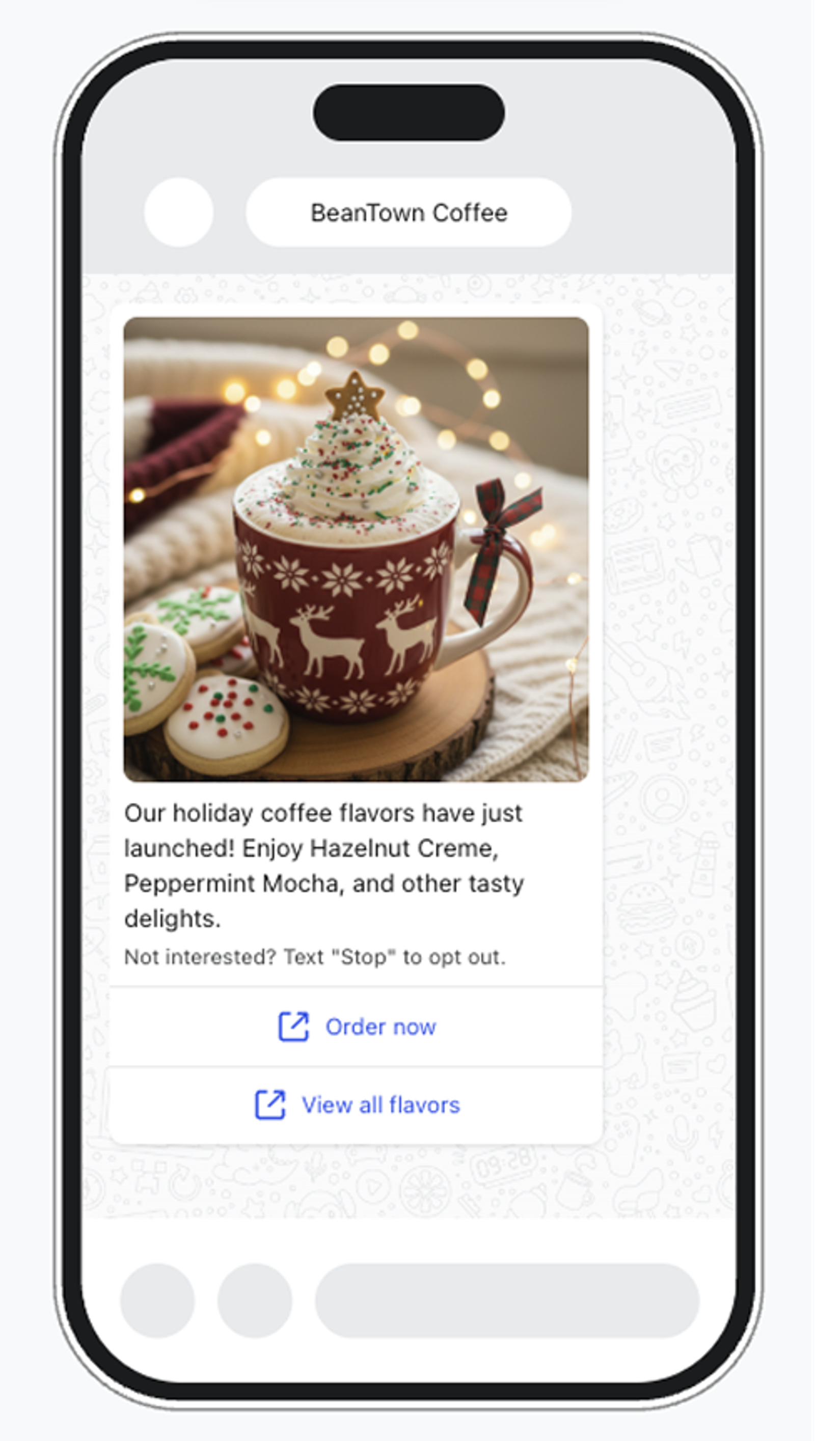 WhatsApp message promoting Beantown holiday coffee flavors