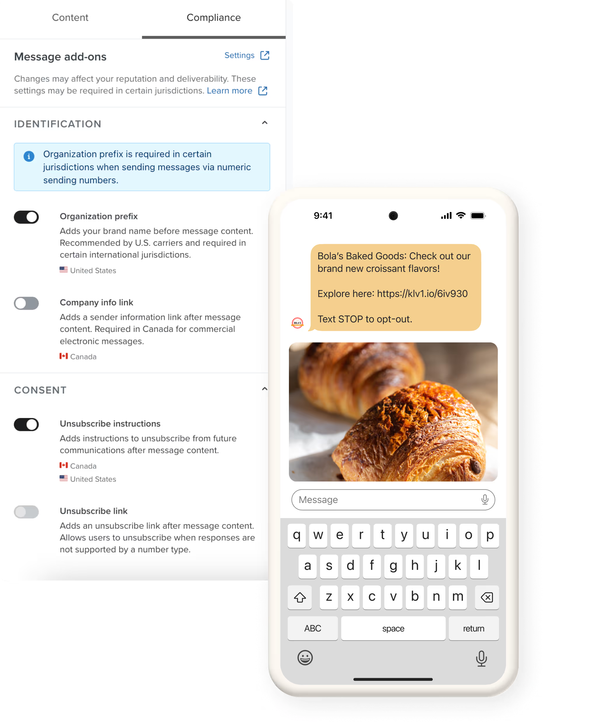 The compliance settings within Klaviyo and an example text message from Bola's Baked Goods