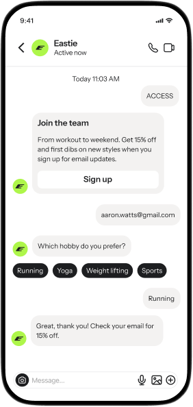 A mobile phone displays a chat conversation with 'Eastie', where a user signs up for a discount and selects 'Running' as a hobby.