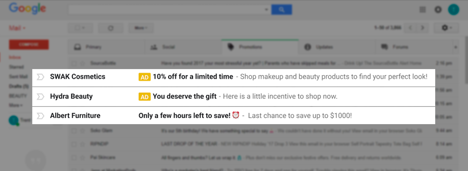 A SWAK Cosmetics ad appearing in the Promotions Tab of Gmail.