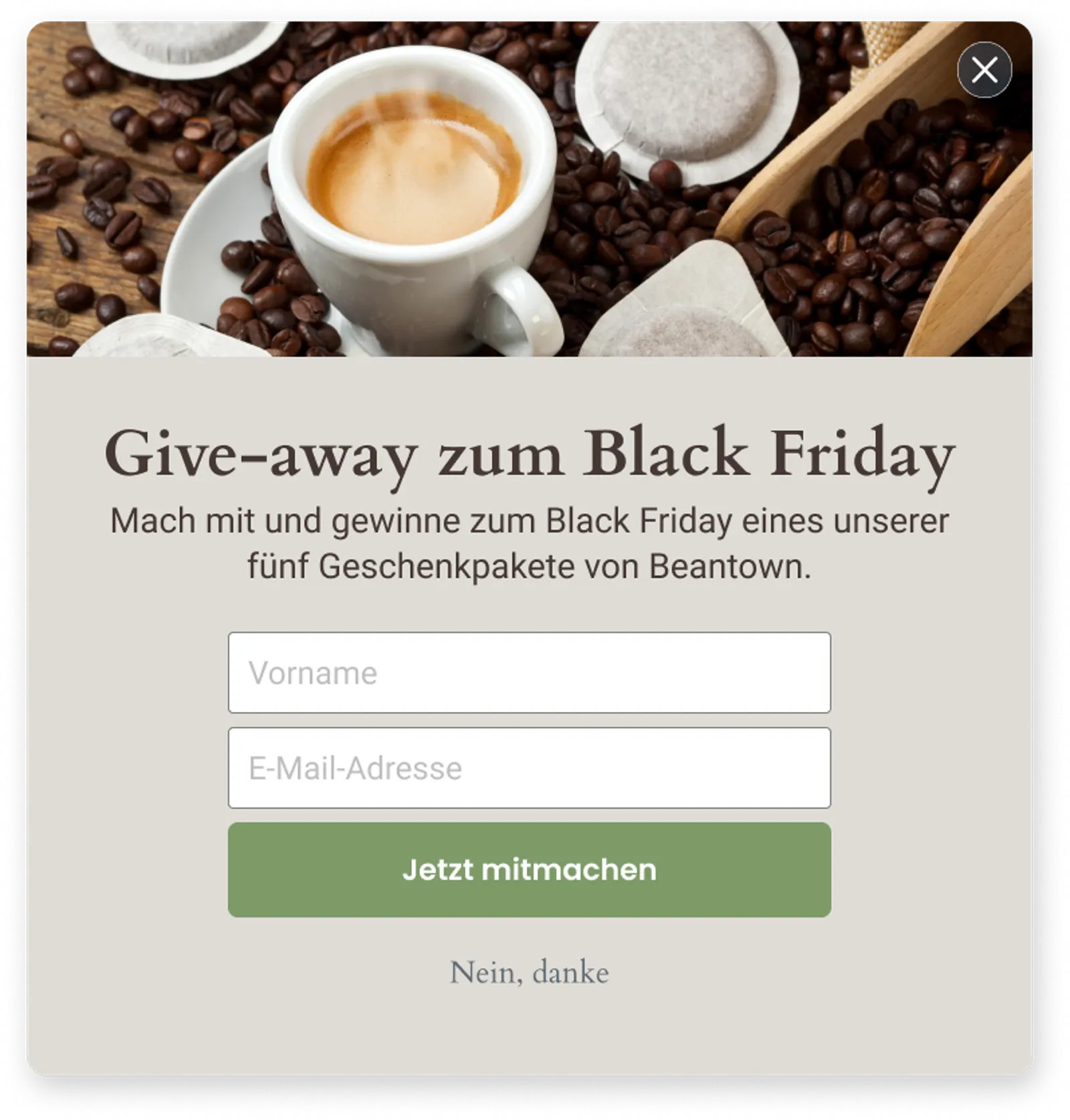 Beispiel für ein Gewinnspiel von Beantown, bei dem Besucher*innen durch Registrierung die Chance auf ein exklusives Beantown-Geschenkpaket erhalten