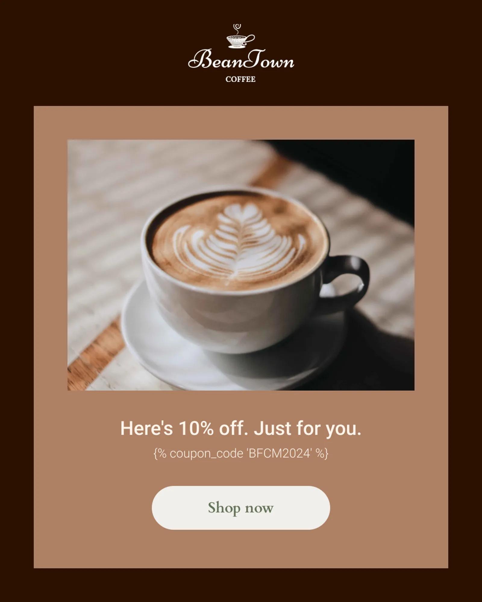 A Beantown Coffee email in dark mode