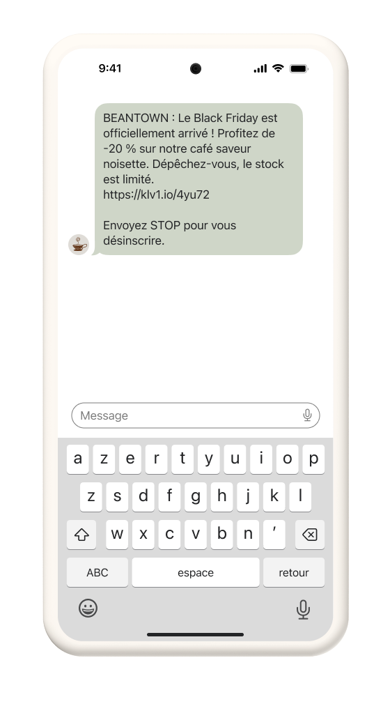 SMS de Beantown offrant une réduction de 20 % pour le BFCM.
