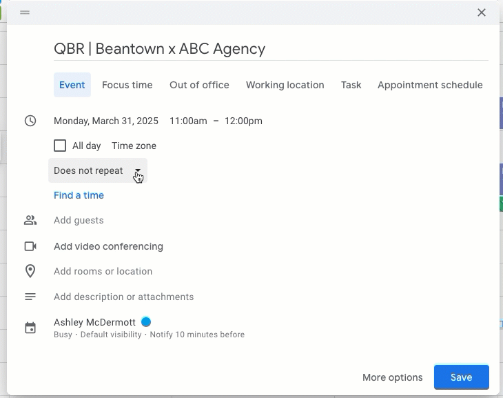 Editing your meeting invite to repeat, in this case, every 3 months for a quarterly review.