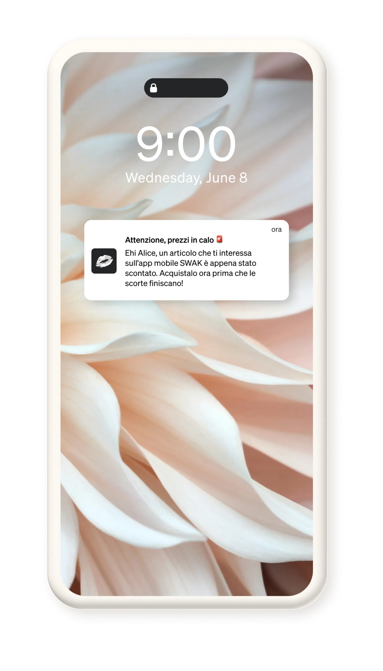 A SWAK Cosmetics flow push notification, alerting recipients that an item they're interested in is now listed at a lower price on their mobile app.