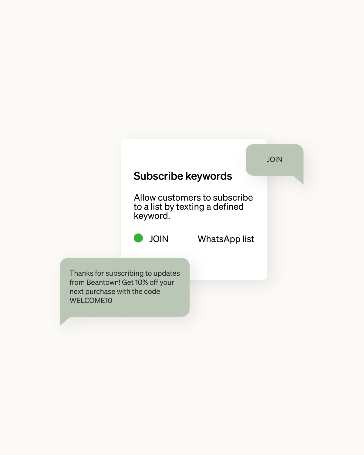 A customer using the subscribe keyword JOIN to sign up to Beantown Coffee's WhatsApp list