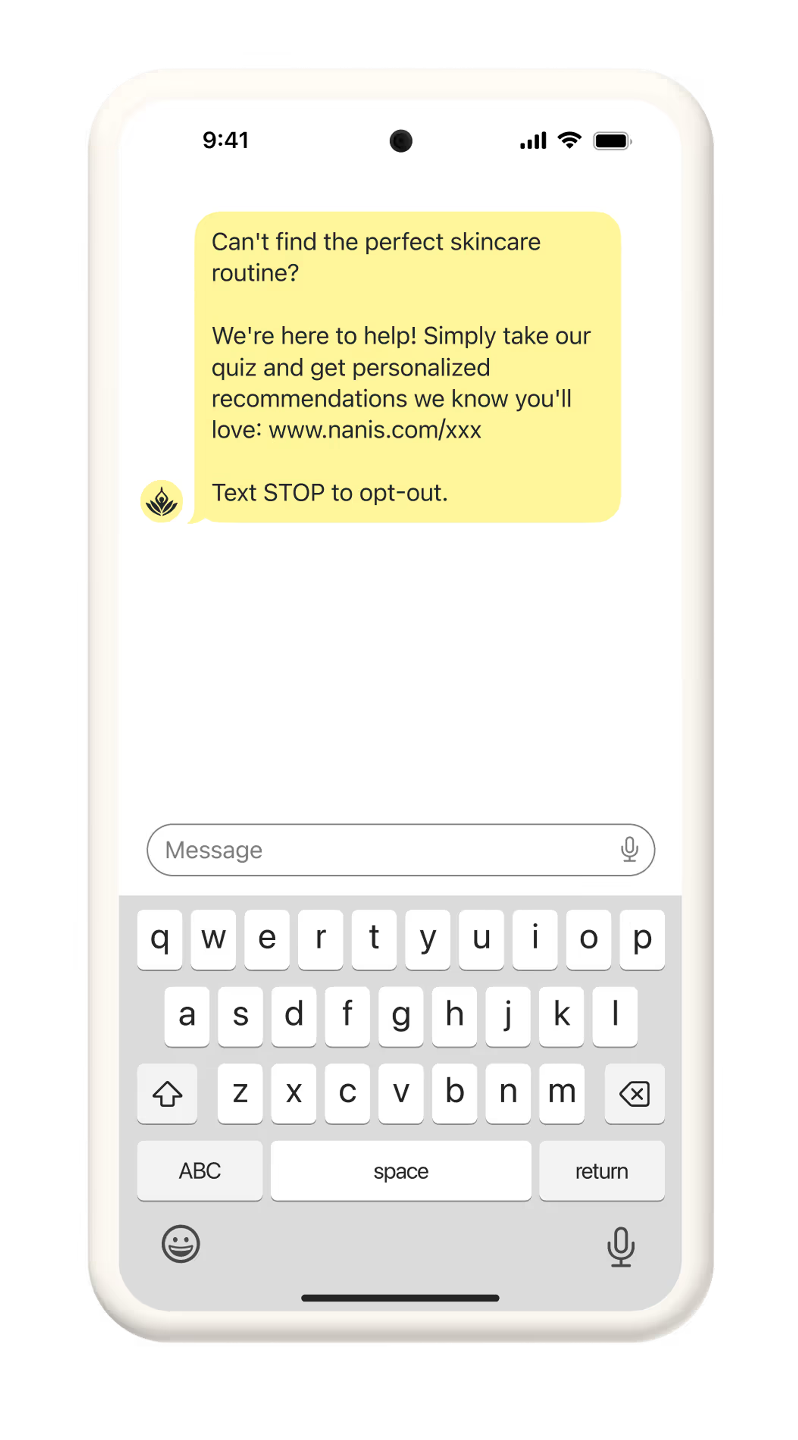 Image of an interactive quiz SMS message