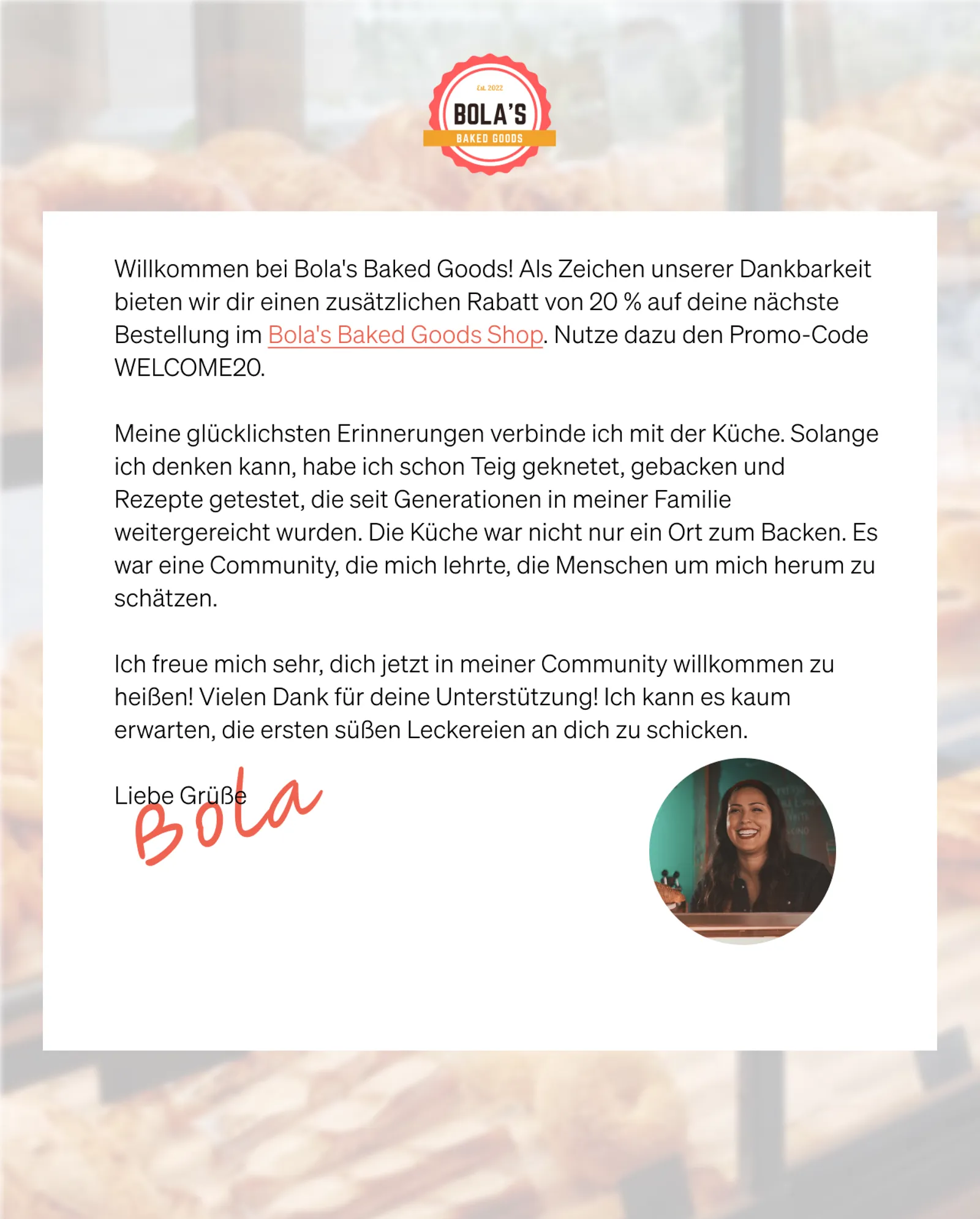 Willkommens-E-Mail-Serie von Bola's Baked Goods mit dem Gutscheincode WELCOME20 für 20% Rabatt.