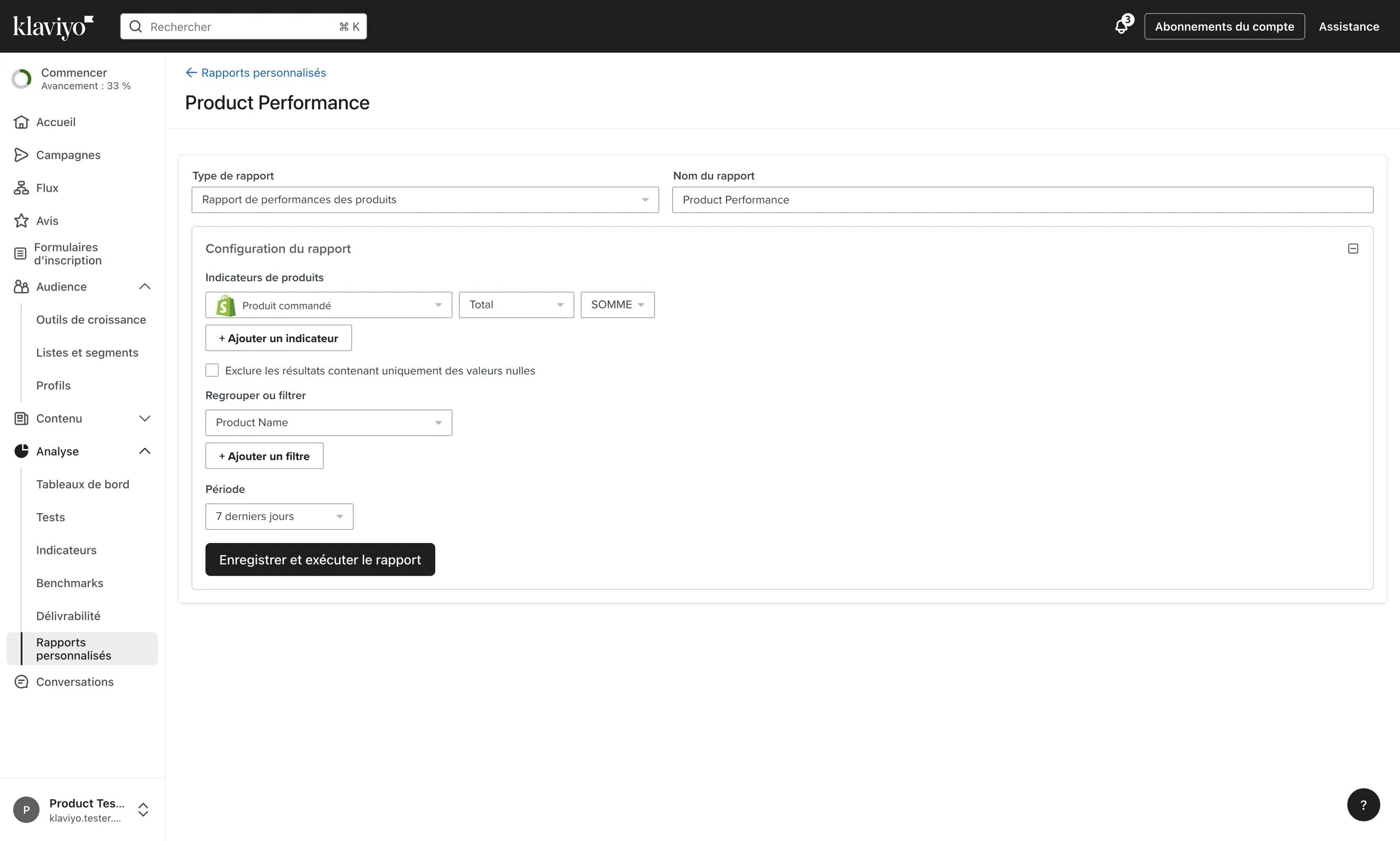 Assistant de création de rapport personnalisé montrant les options de configuration pour un rapport de performance de produit.
