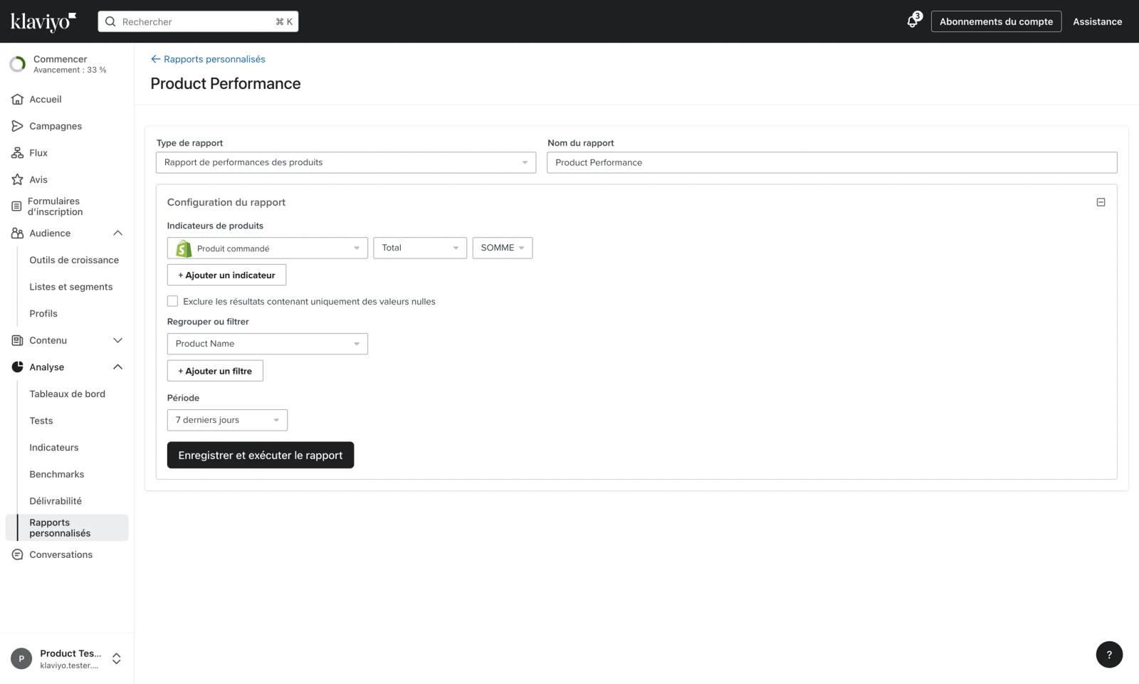 Assistant de création de rapport personnalisé montrant les options de configuration pour un rapport de performance de produit.