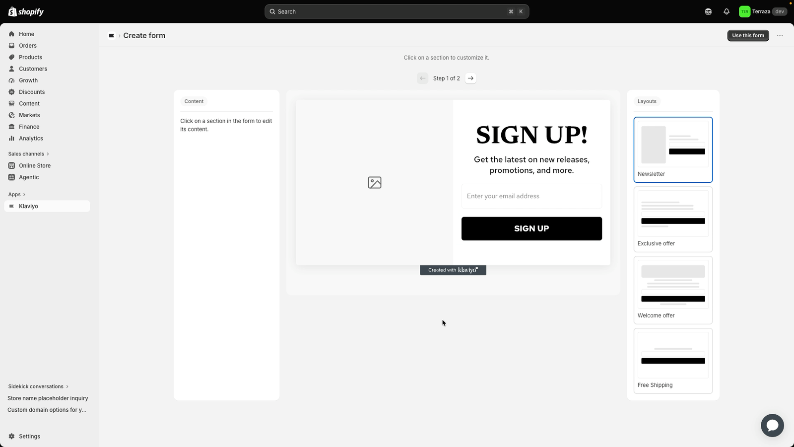 Shopify admin interface showing a "Create form" page with a newsletter signup form preview and layout options.