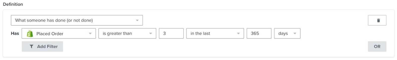 Segment that includes anyone who has placed more than 3 orders in one year.