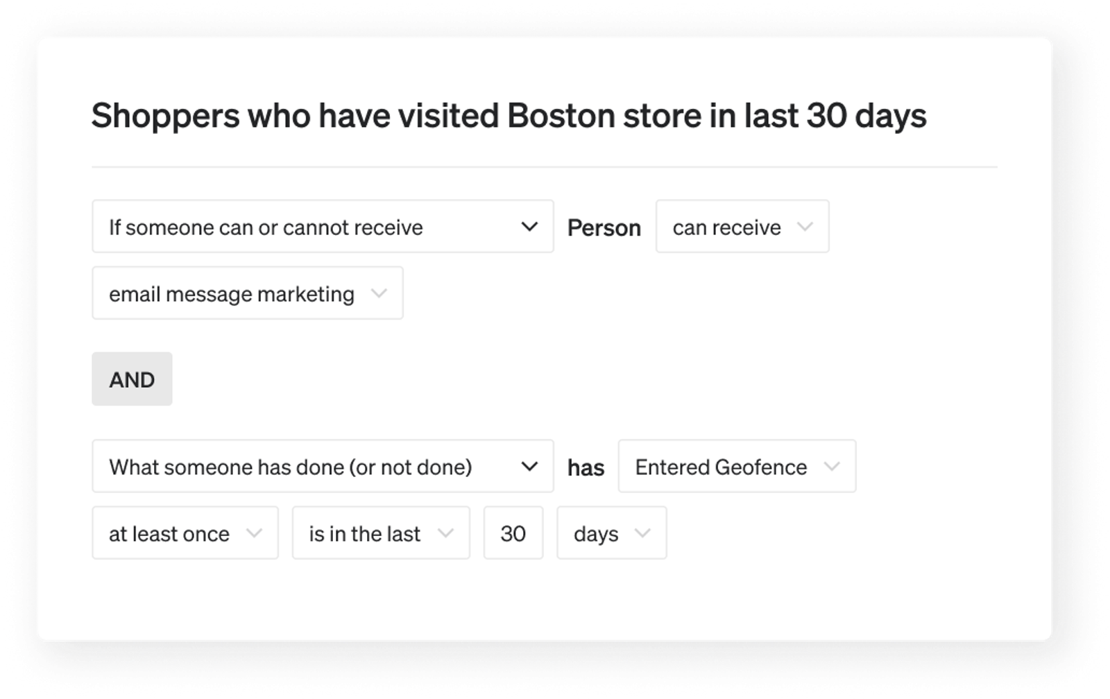 Segment of folks who can receive emails and have entered the Boston geofence in the last 30 days.