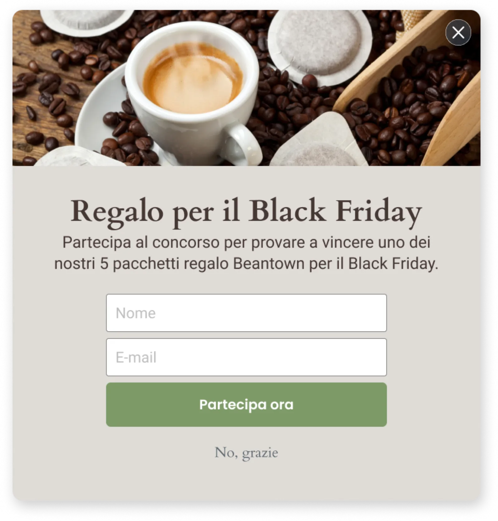 Esempio di un concorso Beantown che invita le persone a iscriversi per vincere un esclusivo pacchetto regalo del brand.