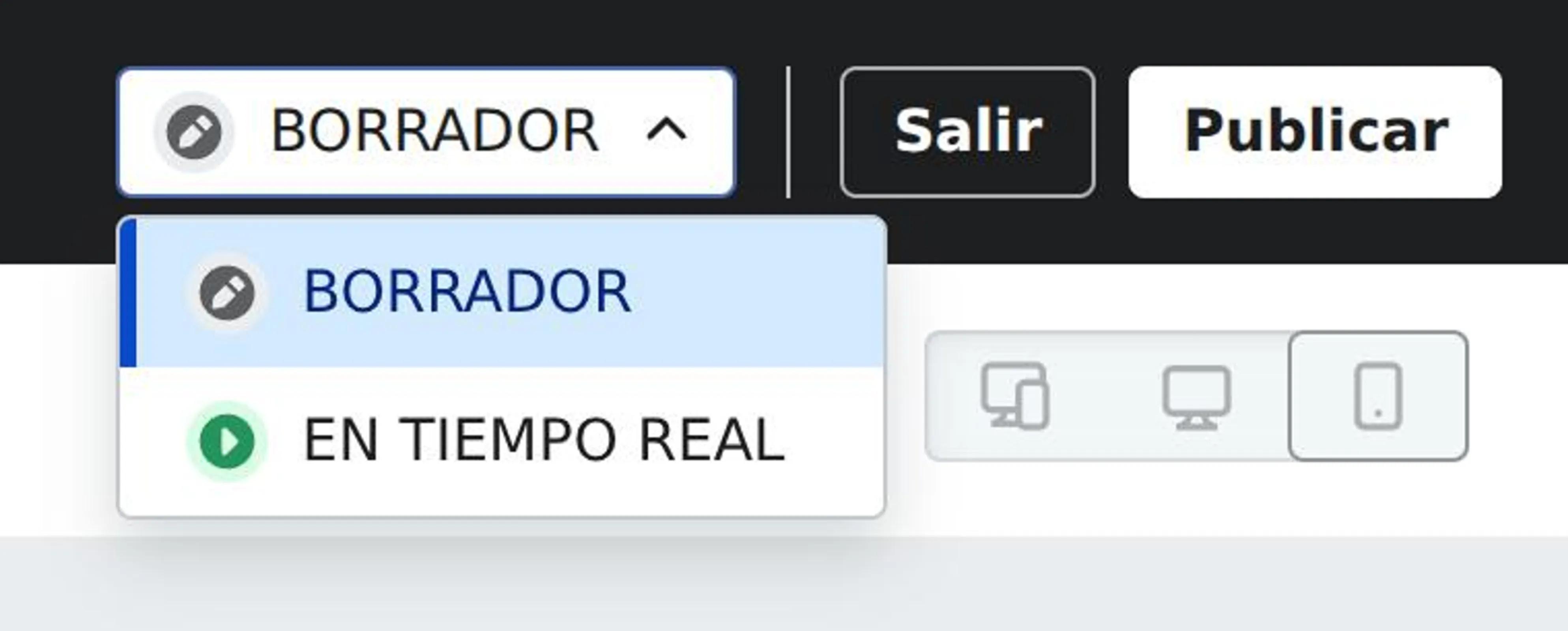 Screenshot of publishing option and the dropdown to set a form live or draft.
