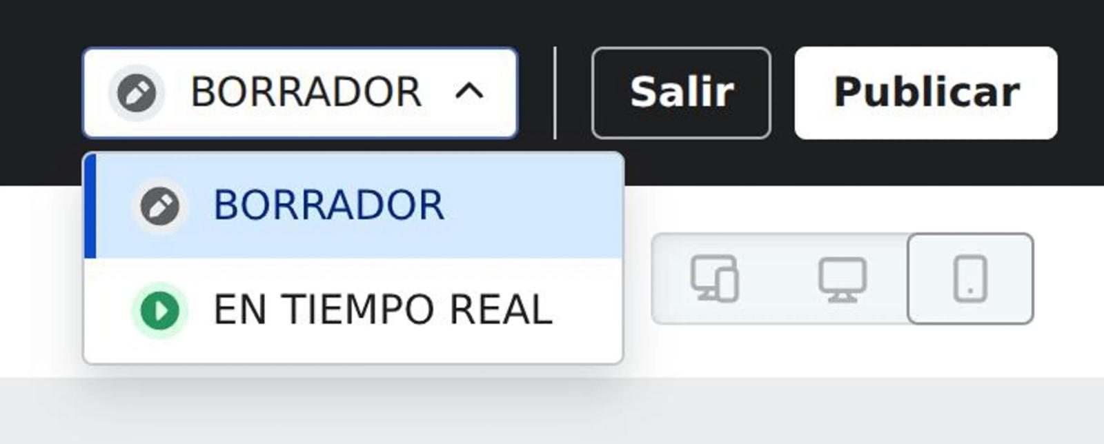 Screenshot of publishing option and the dropdown to set a form live or draft.