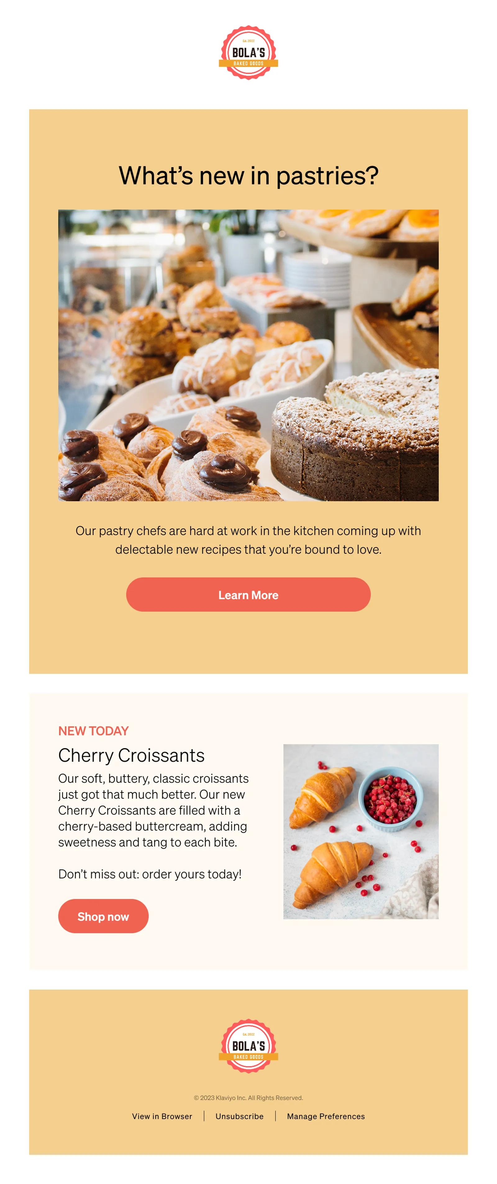 Newsletter featuring new pastry items
