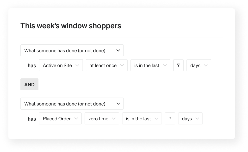 segment with the following conditions: person has been active on site this week, and has placed zero orders this week.
