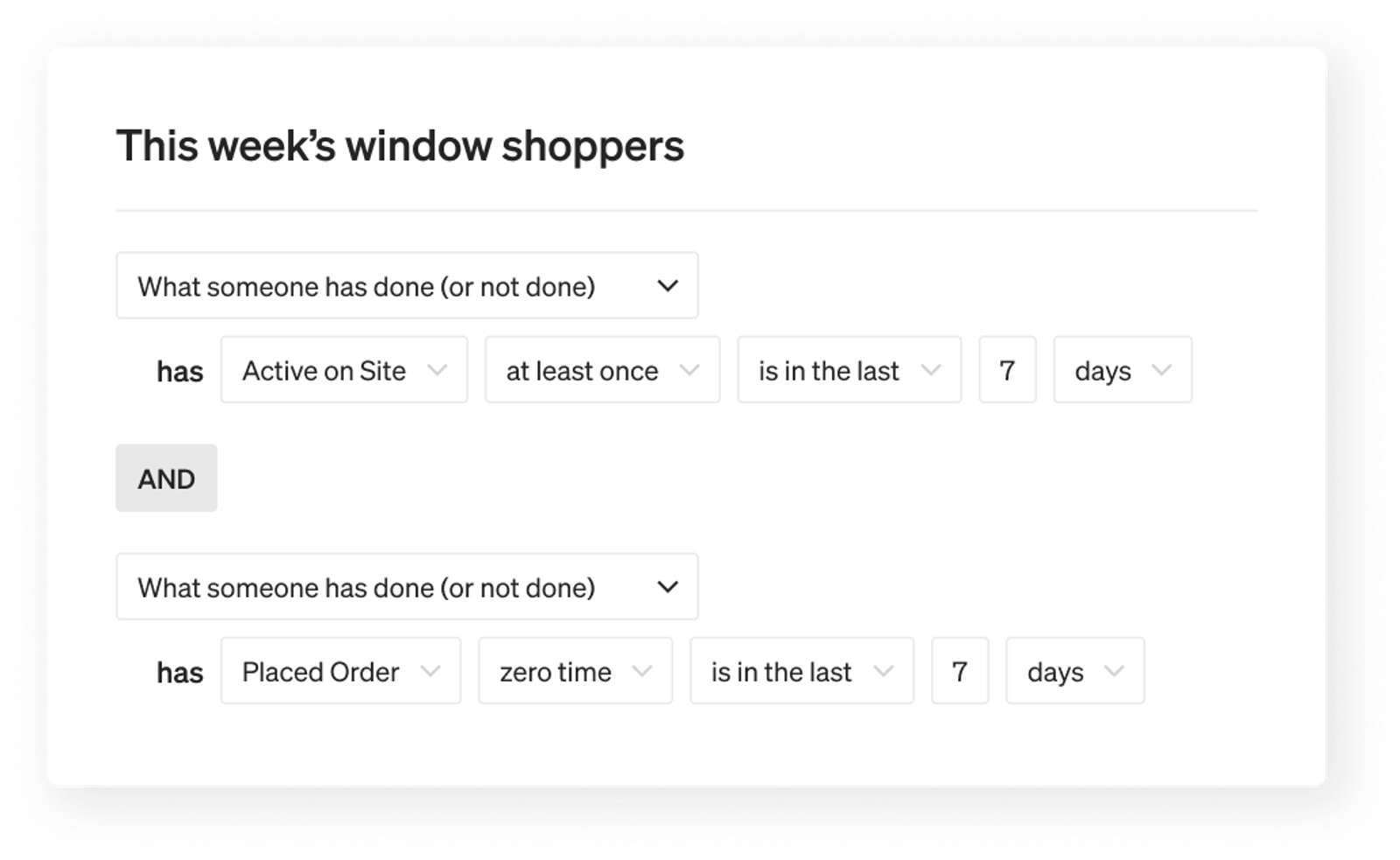 segment with the following conditions: person has been active on site this week, and has placed zero orders this week.
