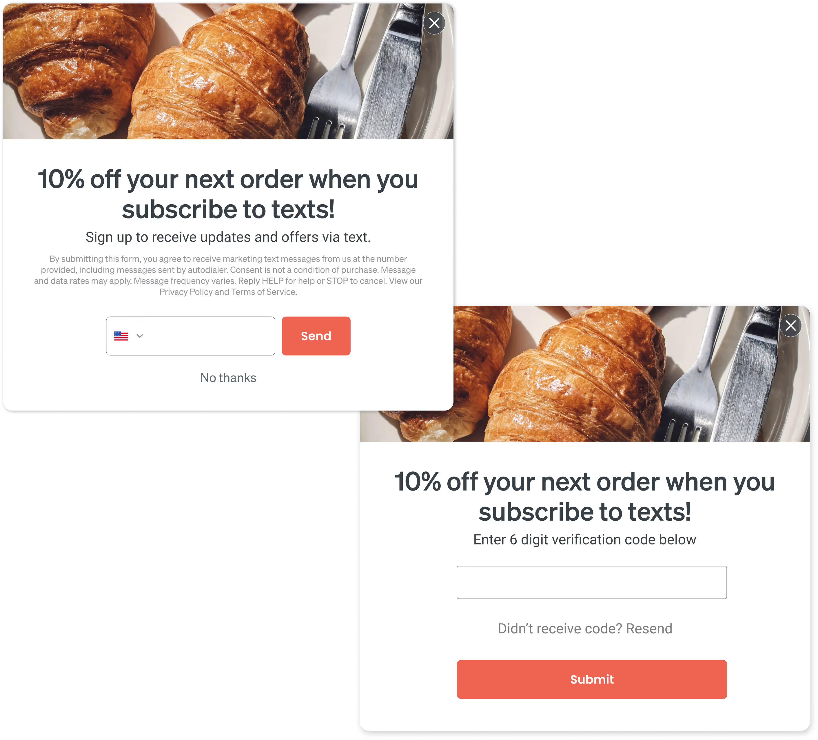 Klaviyo sign-up form showing options for email and text message consent, along with terms of service and privacy policy links