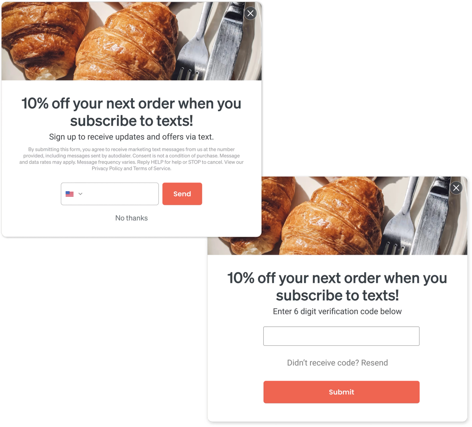 Klaviyo sign-up form showing options for email and text message consent, along with terms of service and privacy policy links