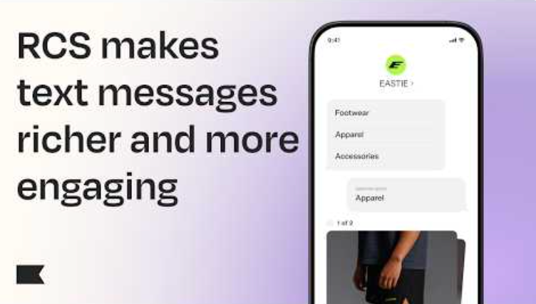 A smartphone displays an RCS message with product categories and a product image, beside text stating "RCS makes text messages richer and more engaging."