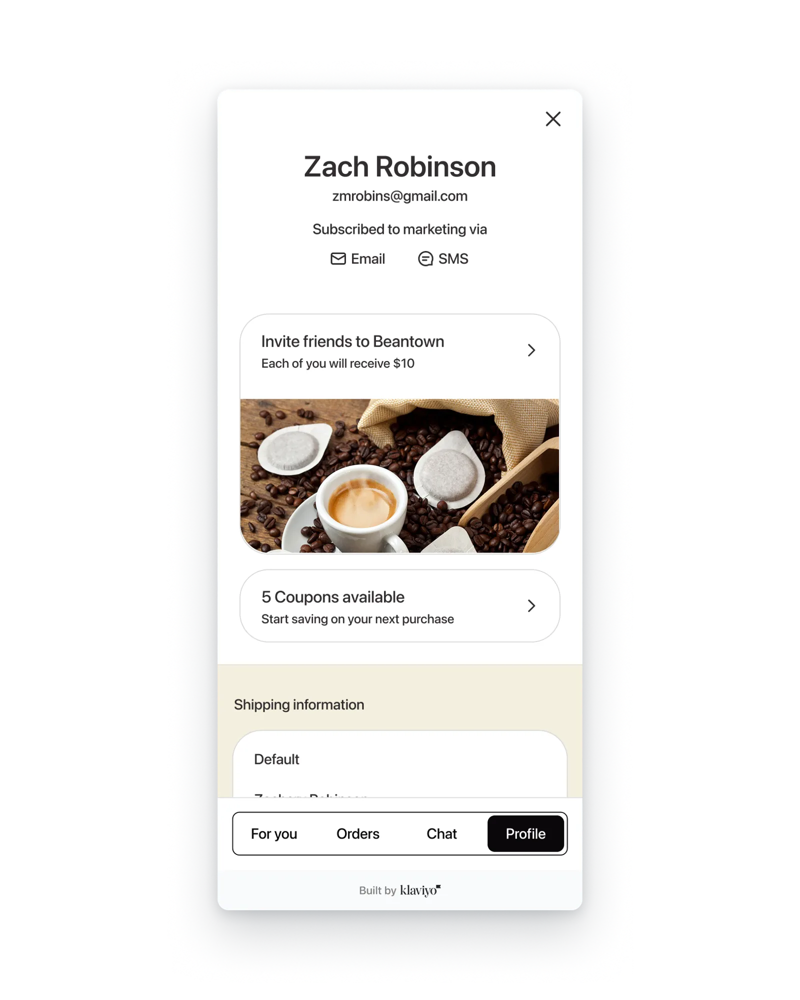 Personalization in the Customer Hub overlay on Beantown Coffee's website.