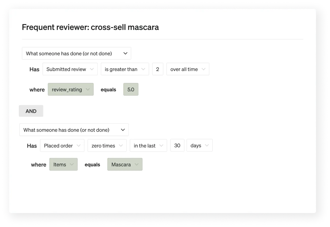 Segment that includes anyone who has reviewed SWAK items at least 2 times, who have not ordered mascara in the last month.
