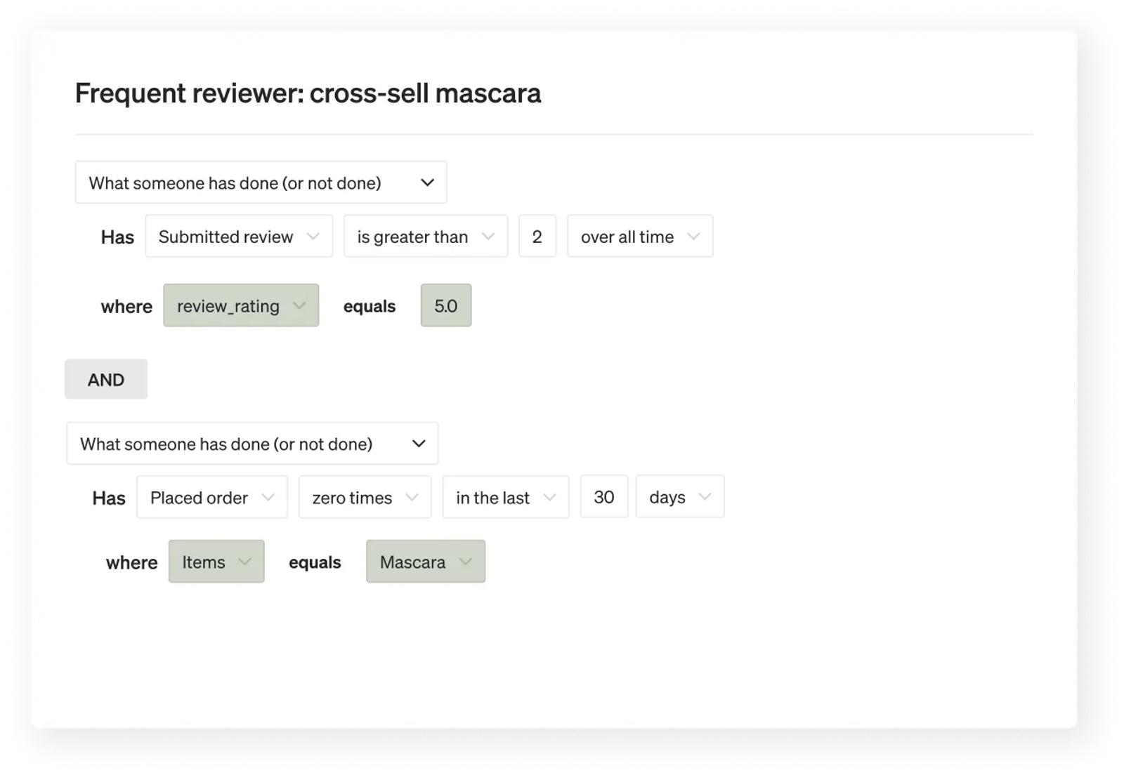 Segment that includes anyone who has reviewed SWAK items at least 2 times, who have not ordered mascara in the last month.
