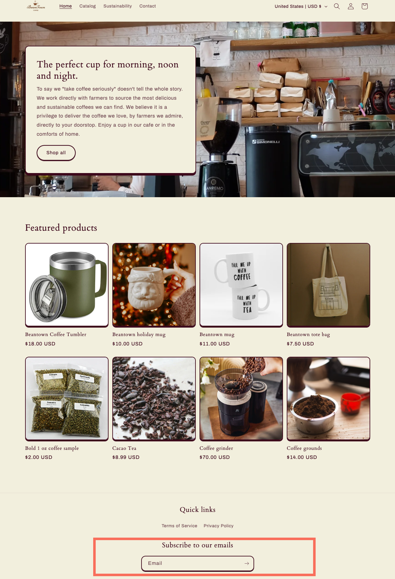 Example of an embedded form on the Beantown Coffee website.
