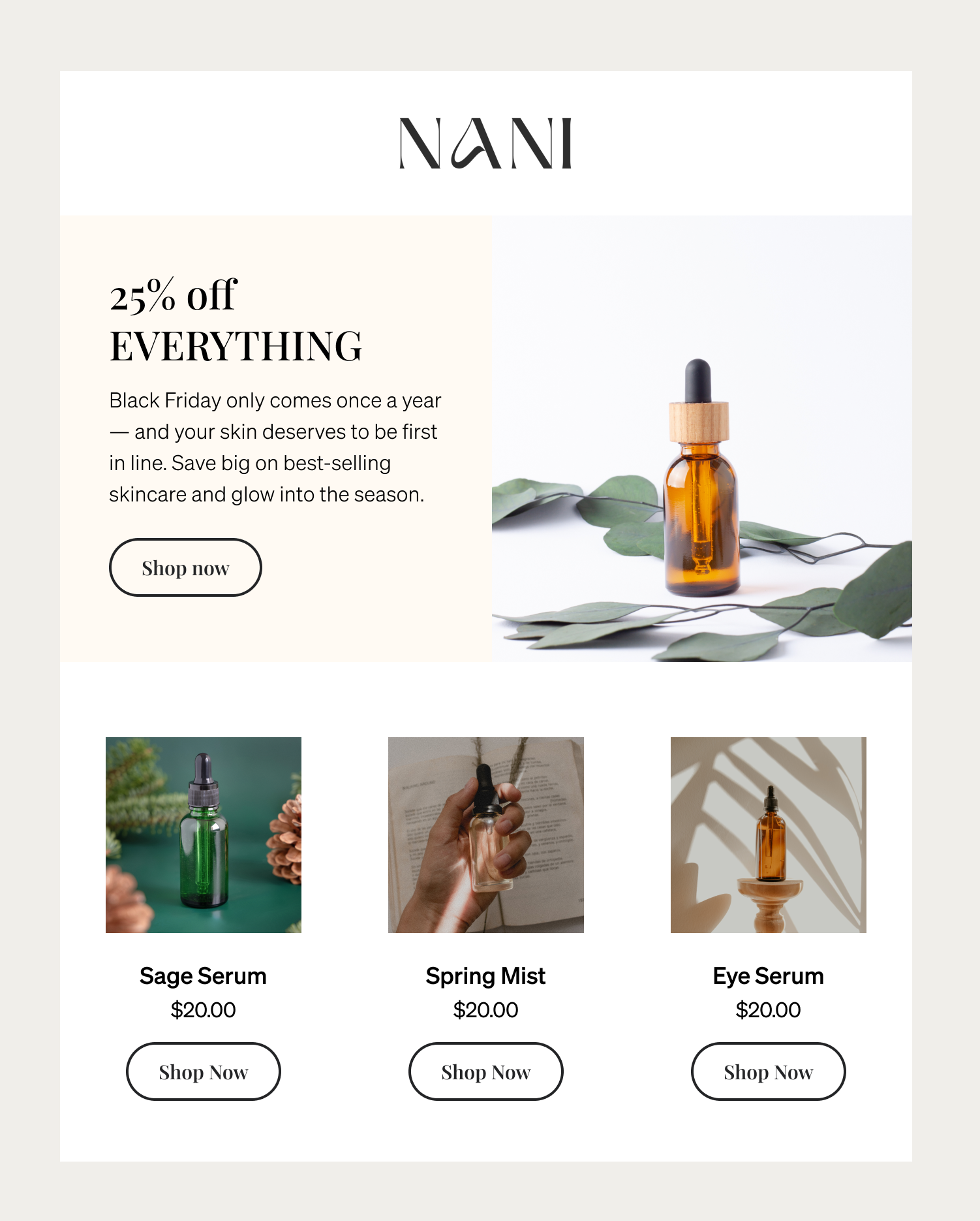 NANI skincare email marketing a Black Friday sale with 25% off everything, displaying various serum and mist products.