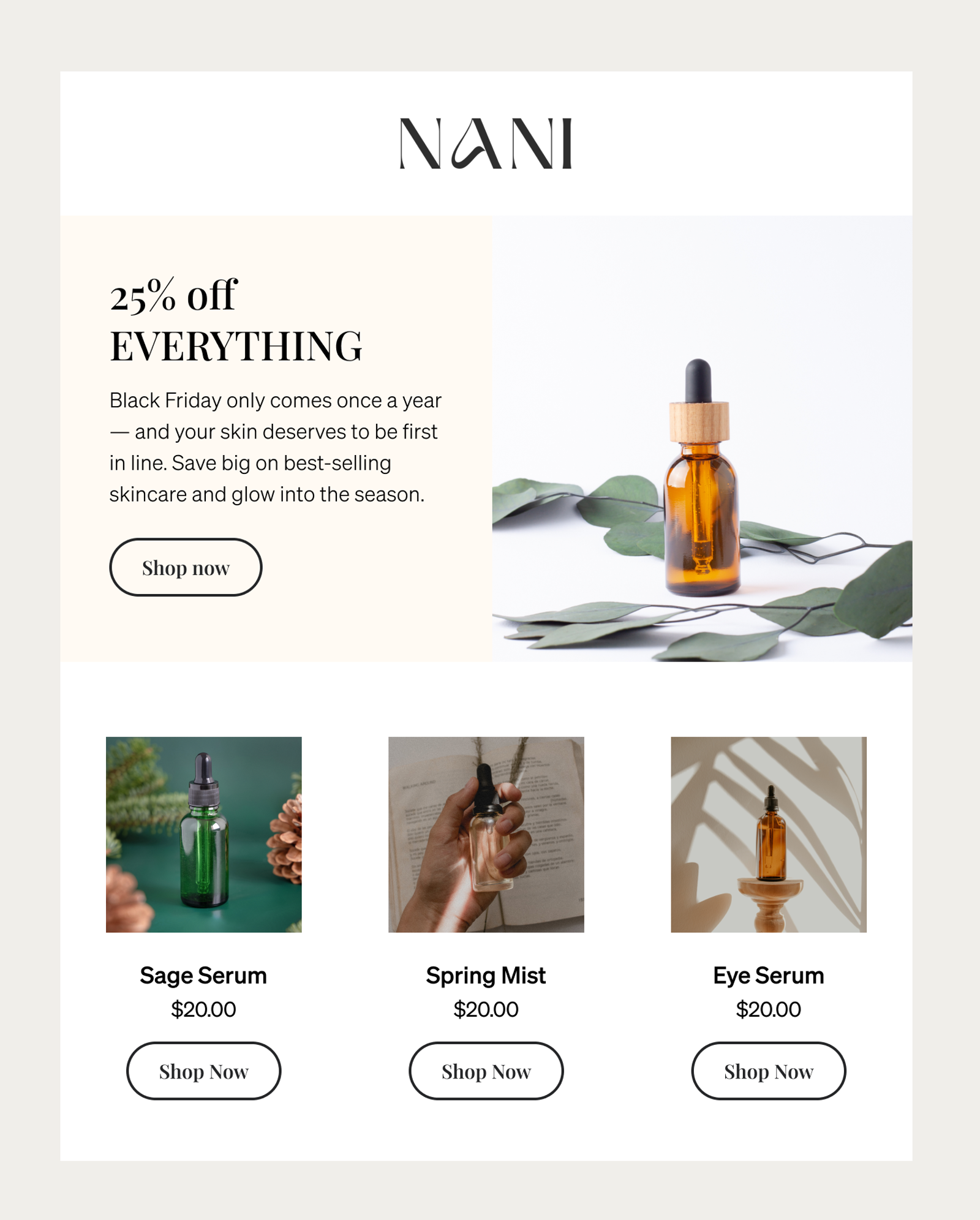 NANI skincare email marketing a Black Friday sale with 25% off everything, displaying various serum and mist products.