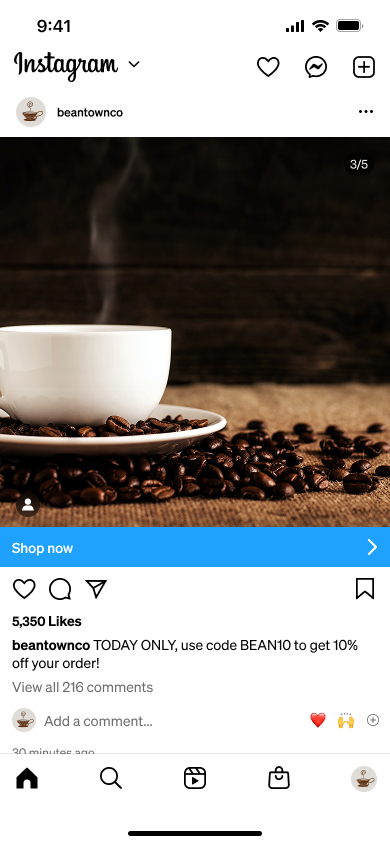 Instagram post from Beantown sharing a coupon code in the caption