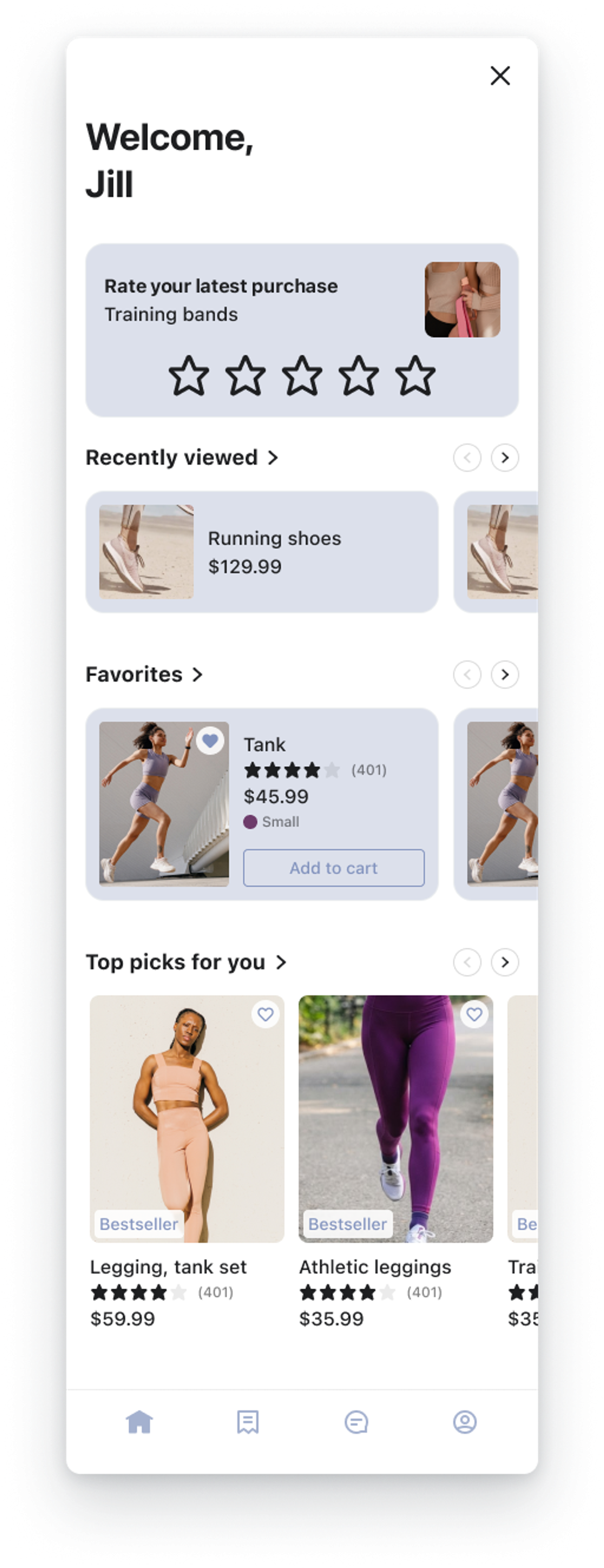 A mobile app home screen for "Jill" displaying personalized product recommendations, recently viewed items, and favorites.
