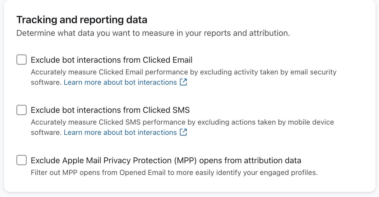 Tracking and reporting settings for bot clicks and Apple Privacy opens