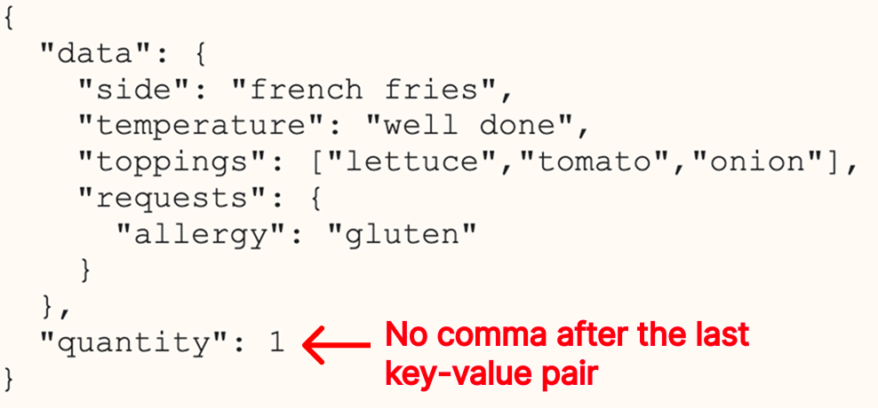 Example JSON highlighting lack of comma after the last key-value pair