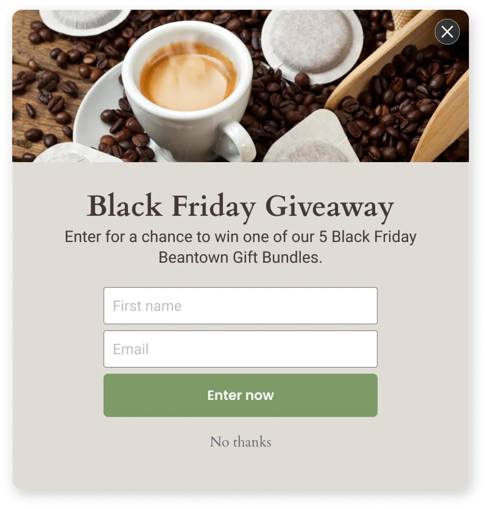 Example of a Beantown contest, encouraging people to sign up to win an exclusive Beantown gift bundle.