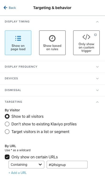 Targeting & behavior for Bola's Baked Goods form. The form will appear on page load and only appear on the link they have specified.