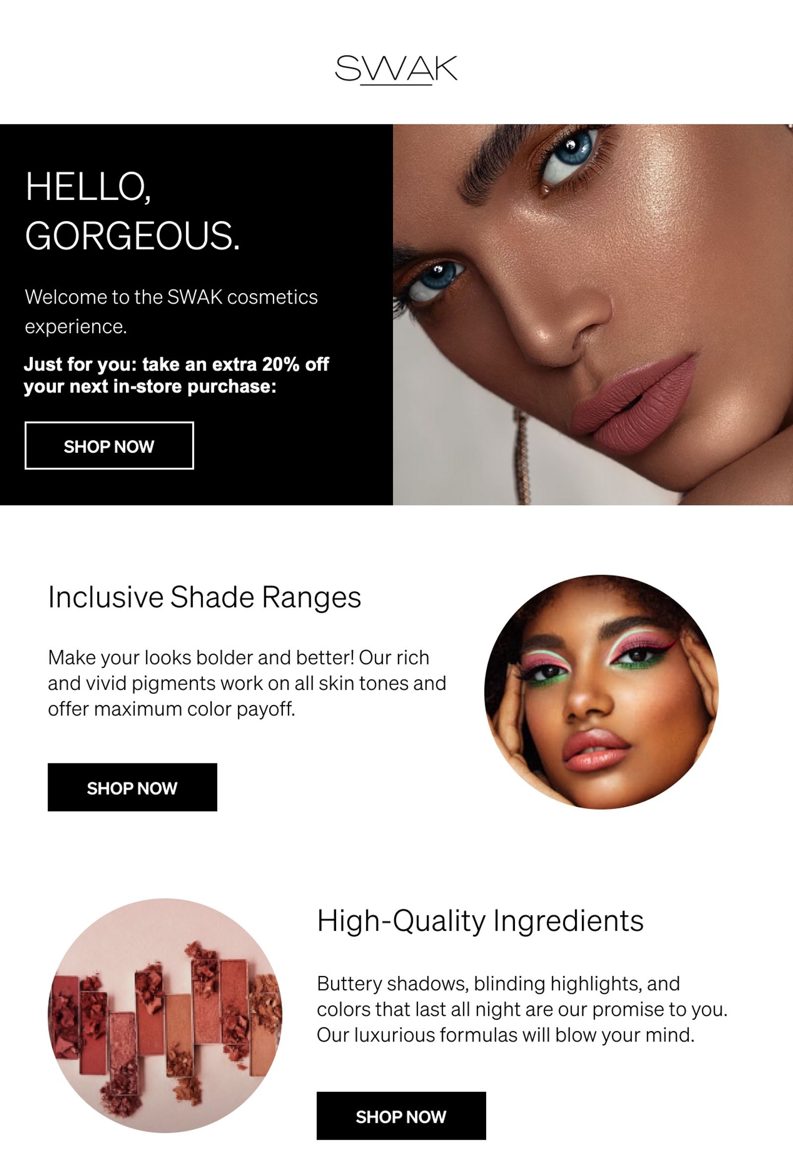 Welcome flow email from SWAK cosmetics.