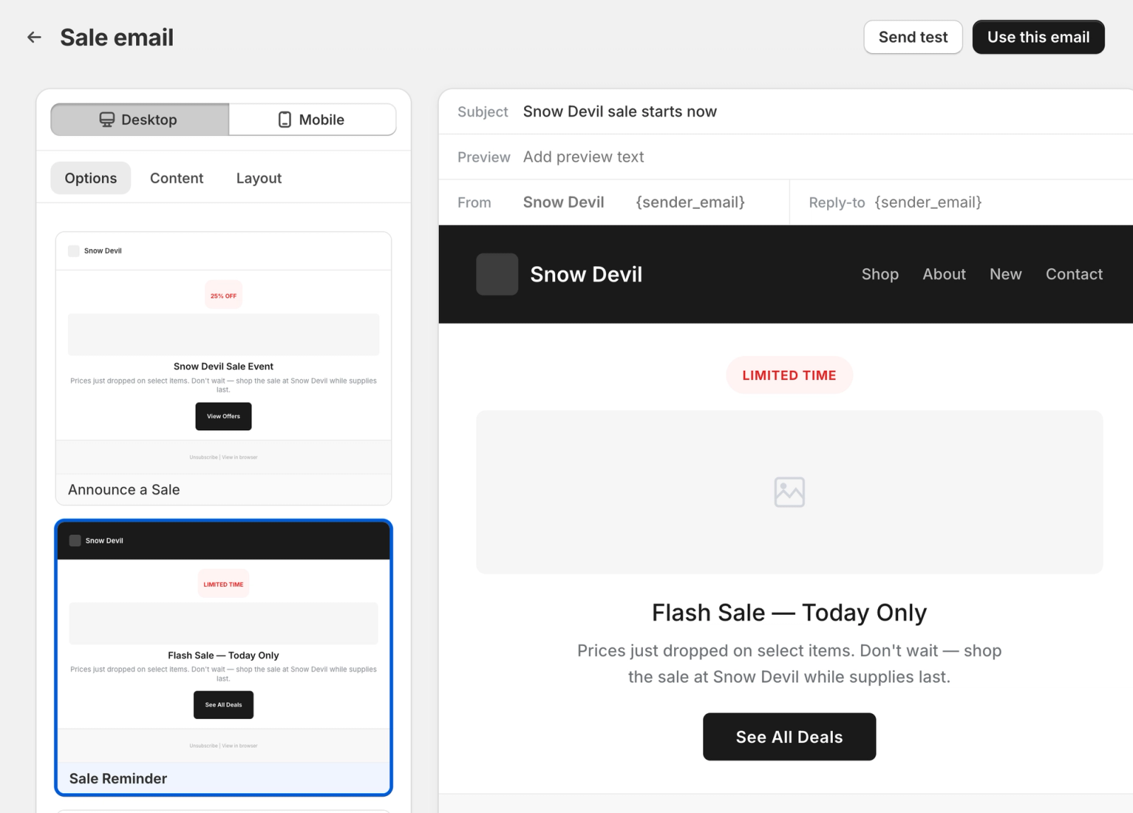 Email editor showing templates on the left, with a 'Flash Sale - Today Only' email preview for 'Snow Devil' on the right.