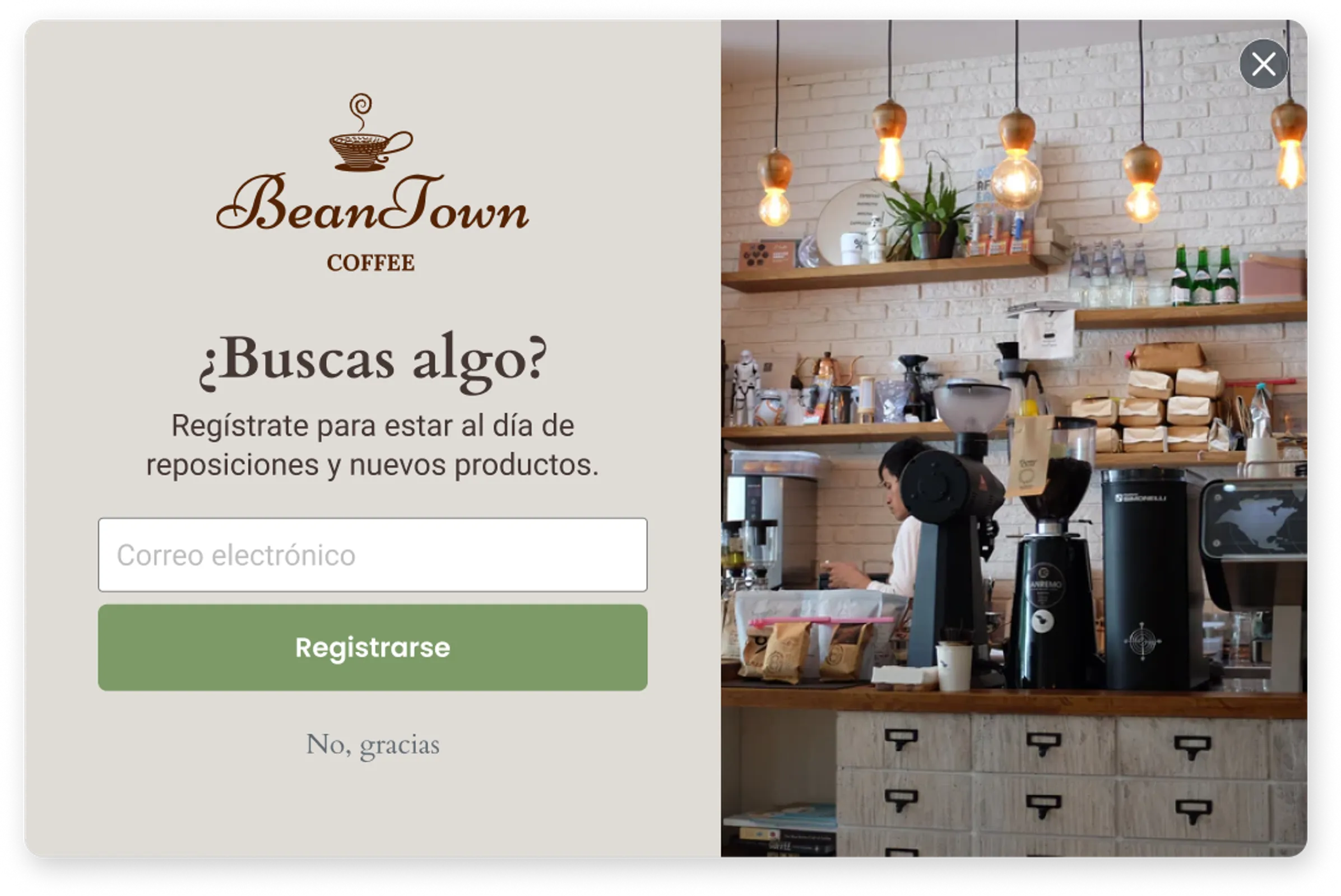 Formulario de producto agotado de Beantown en el que se invita a los visitantes a registrarse para recibir alertas cuando vuelva a haber stock