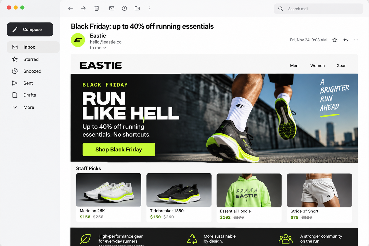 A Black Friday email from Eastie promoting running essentials, featuring a runner and product images.