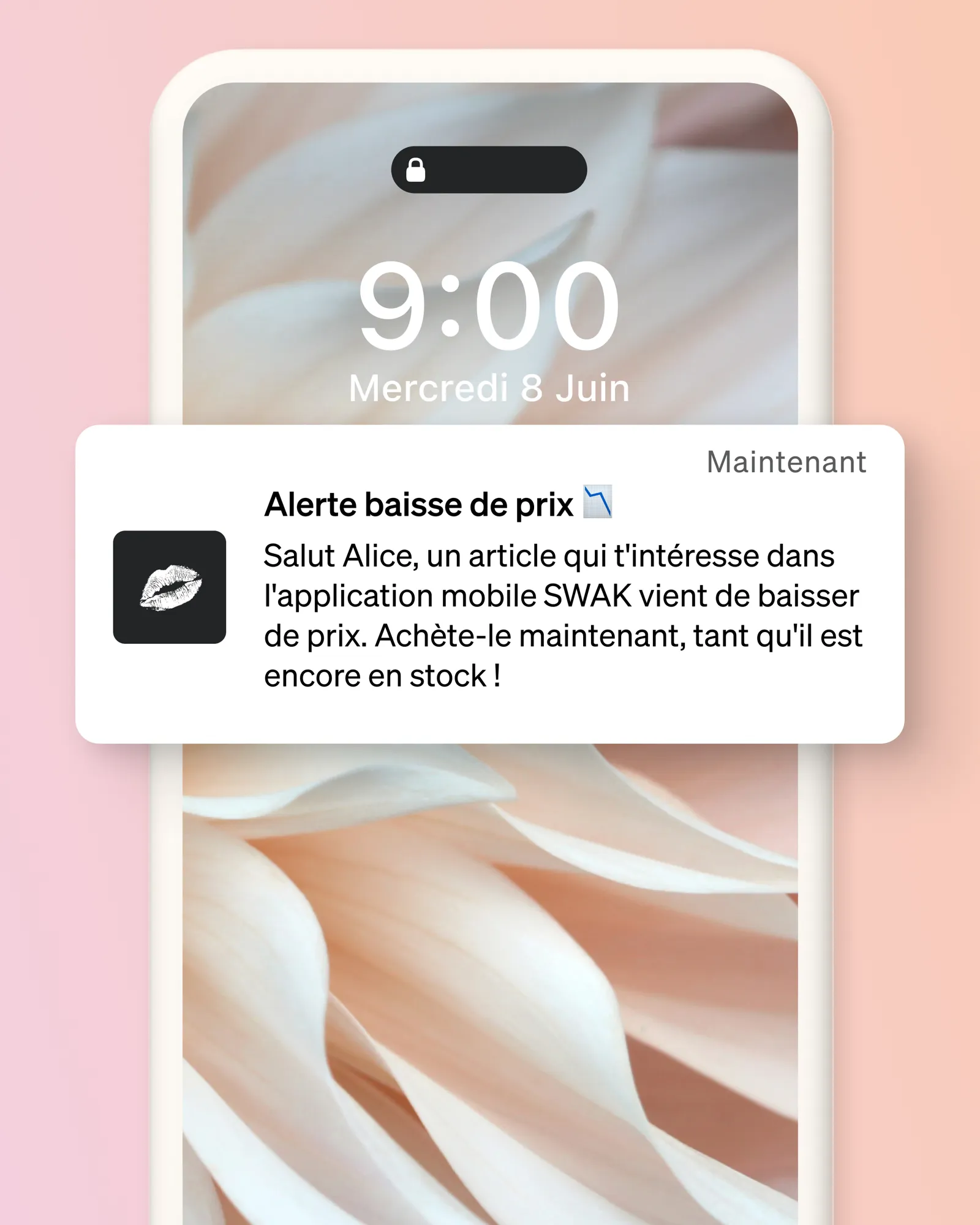 Une notification push du flux de SWAK Cosmetics, informant les destinataires qu'un article qui les intéresse est maintenant proposé à un prix réduit sur leur application mobile.